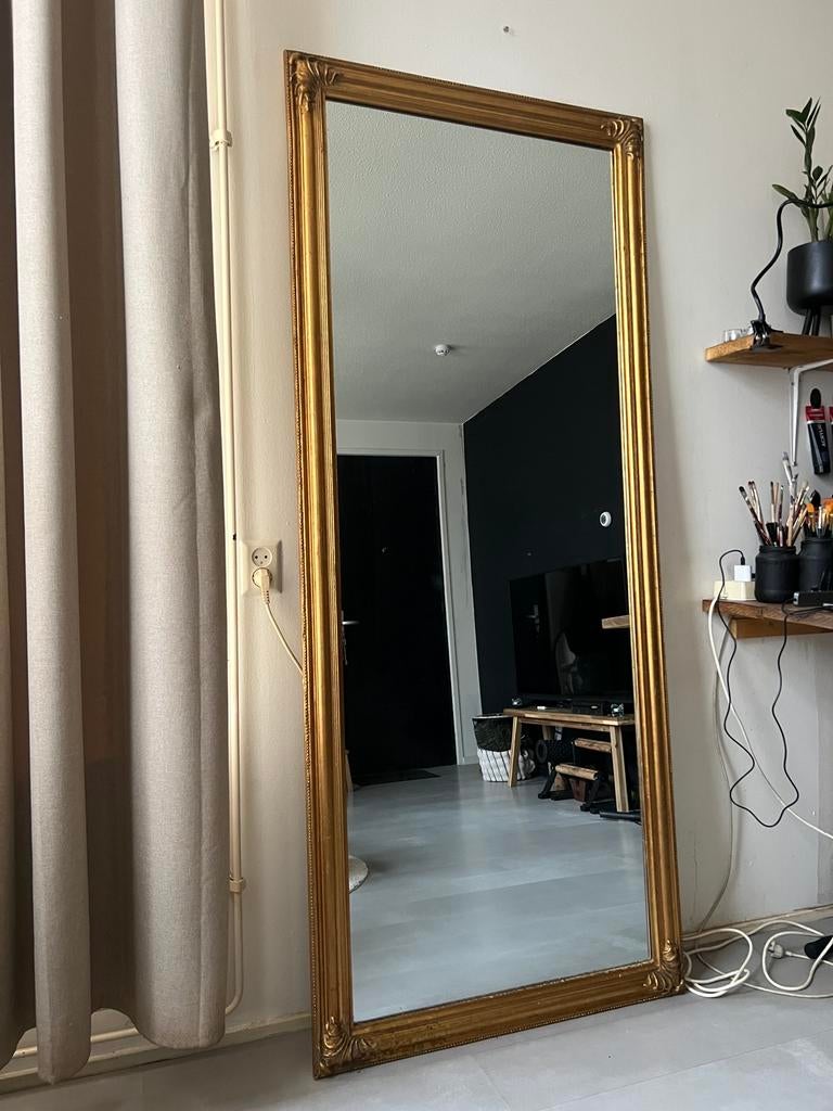 XL spiegel 200x85 cm – zware houten lijst – vintage goud, Ophalen, Gebruikt, 75 tot 100 cm, 150 tot 200 cm