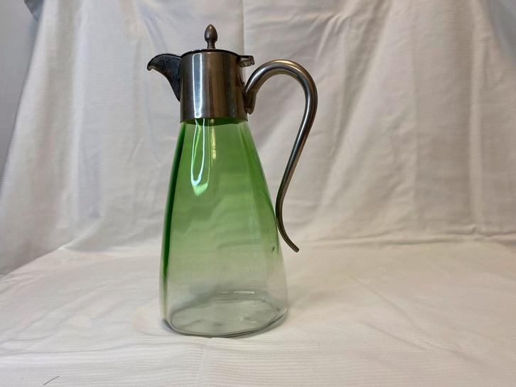 Antieke groene glazen karaf met deksel (beschadigde greep), Antiek en Kunst, Antiek | Glas en Kristal, Ophalen