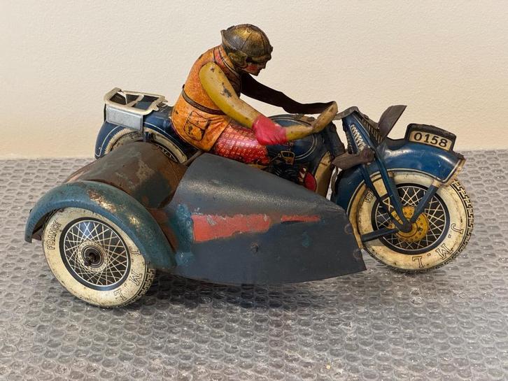 Oude blikken opwindbare zijspan motorfiets motor JML TippCo, Antiek en Kunst, Antiek | Speelgoed, Ophalen of Verzenden