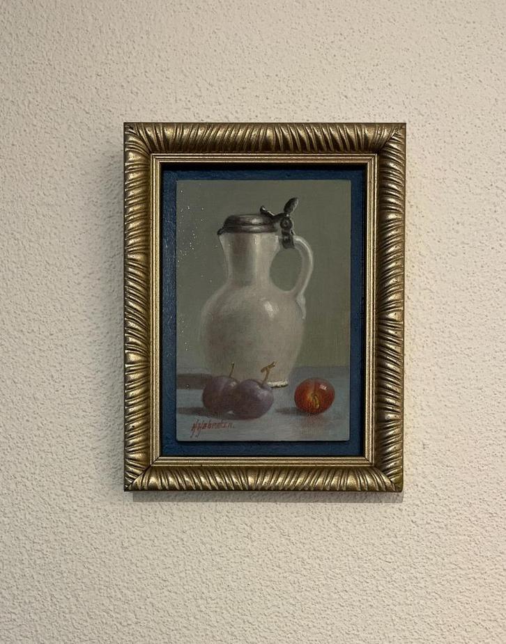 Stilleven dekselkan en pruimen op paneel. Hans Habraken., Antiek en Kunst, Kunst | Schilderijen | Klassiek, Ophalen of Verzenden