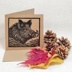 Dubbele kaart met envelop zwijn handgemaakt linosnede 15x15, Ophalen of Verzenden, Nieuw