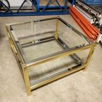 Vierkante salontafel van messing met glazen blad, Huis en Inrichting, Tafels | Salontafels, Gebruikt, 50 tot 100 cm, Vierkant