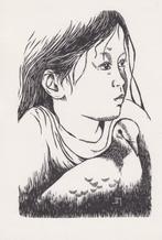 Lino meisje met duif  - inclusief verzendkosten, Antiek en Kunst, Kunst | Etsen en Gravures, Ophalen of Verzenden