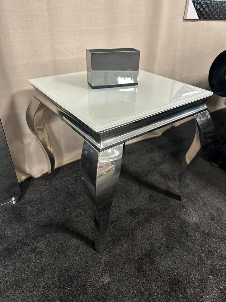 Barok bijzettafel Zilver poot wit glas top 50x50 cm, Huis en Inrichting, Tafels | Bijzettafels, Nieuw, Rechthoekig, 45 tot 60 cm