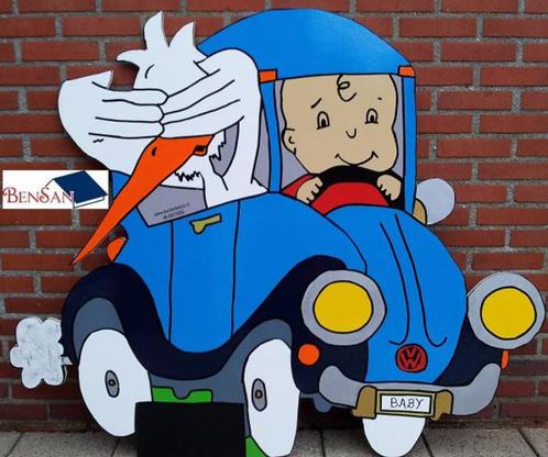 Geboorte baby ooievaar auto bordindetuin huren bensan enter, Hobby en Vrije tijd, Feestartikelen | Verhuur, Zo goed als nieuw