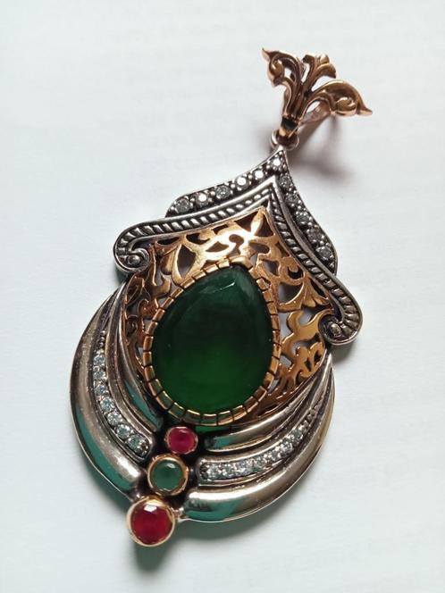Prachtige Grote Zilveren Hanger met Smaragd en Robijn - Ba, Sieraden, Tassen en Uiterlijk, Antieke sieraden, Hanger, Zilver, Met edelsteen