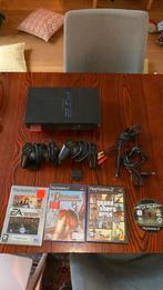 Playstation 2 met geheugenkaart, twee controllers en 4 games, Gebruikt, Zwart, Met games, Met 2 controllers