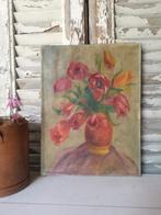 Oud schilderij olieverf tulpen in vaas 1939, Ophalen of Verzenden