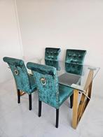 Moderne eettafelset met glazen blad en 6 groene stoelen, Ophalen of Verzenden, Zo goed als nieuw, Modern, 4 tot 6 stoelen