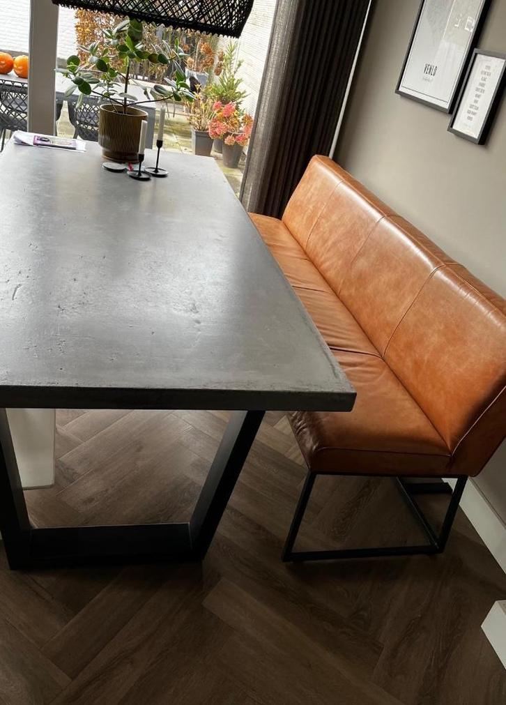 4 persoons lederen eetbank cognac, Huis en Inrichting, Stoelen, Gebruikt, Eén, Leer, Metaal, Bruin, Ophalen