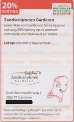 Zandsculpturen Garderen 20% korting. Postcodeloterij bon., Drie personen of meer, Kortingskaart