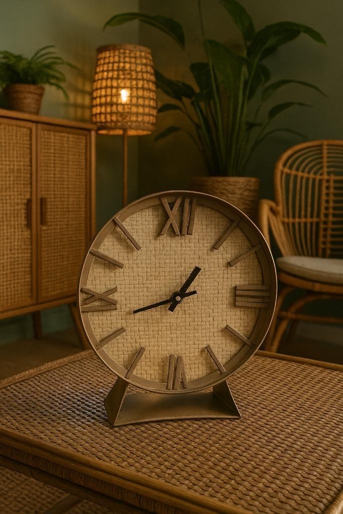 Stijlvolle webbing rotan Tafelklok Loods 5, Huis en Inrichting, Woonaccessoires | Klokken, Zo goed als nieuw, Wandklok, Ophalen of Verzenden