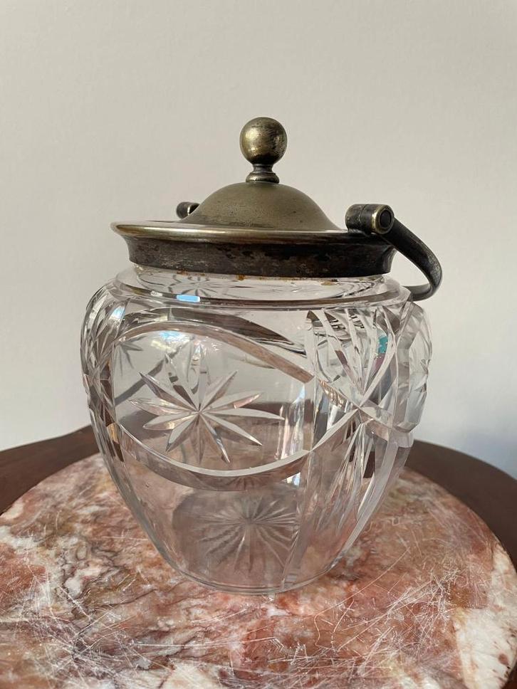 Prachtige glazen koektrommel - verzilverd handvat & deksel, Antiek en Kunst, Antiek | Glas en Kristal, Ophalen of Verzenden