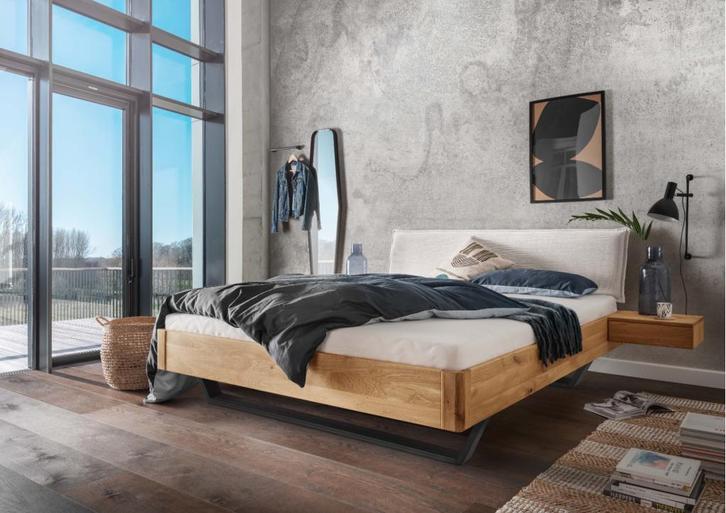 Easton 2-persoonsbed - Massief eiken - hoofdbord Beige, Huis en Inrichting, Slaapkamer | Bedden