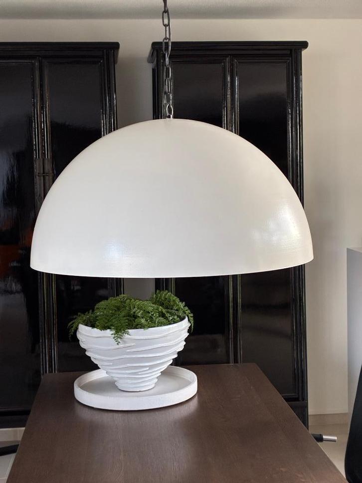 Wit geschilderde (RAL 9010) hanglamp  (zilveren binnenkant), Huis en Inrichting, Lampen | Hanglampen, Gebruikt, Minder dan 50 cm