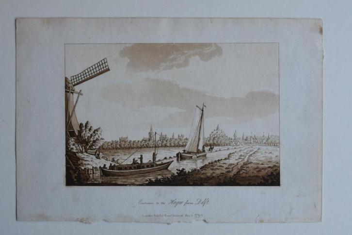 DEN HAAG vanuit DELFT gezien TREKSCHUIT AQUATINT GRAVURE GU7, Antiek en Kunst, Kunst | Etsen en Gravures, Verzenden