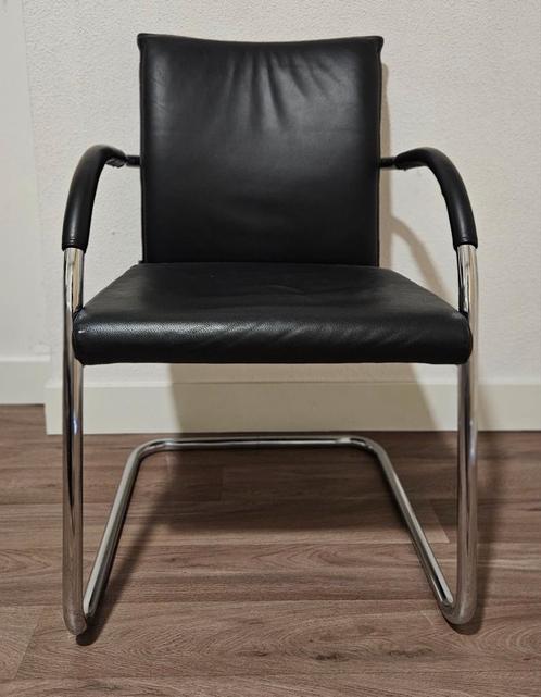 Zwarte Lederen Stoel - Chromen Frame - klöber design, Huis en Inrichting, Stoelen, Gebruikt, Eén, Leer, Metaal, Zwart, Ophalen