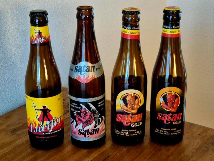5 oude lege Lucifer en SATAN  bier collector's item, Verzamelen, Biermerken, Zo goed als nieuw, Flesje(s), Overige merken, Ophalen of Verzenden