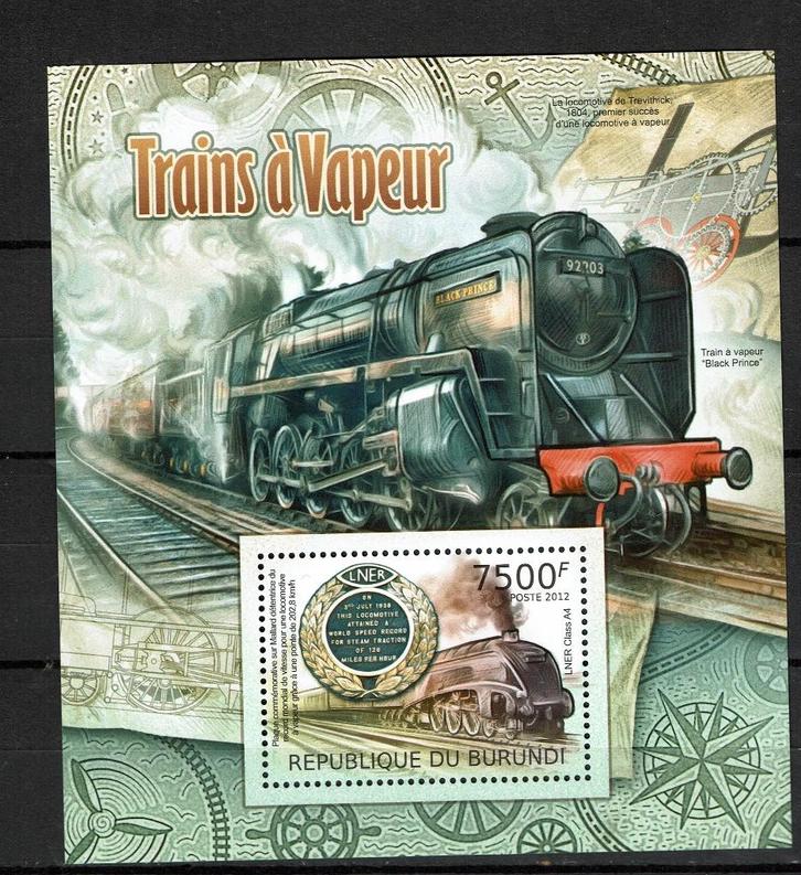 burundi 2012 pf blok treinen spoorwegen railroad trains, Postzegels en Munten, Postzegels | Thematische zegels, Postfris, Treinen