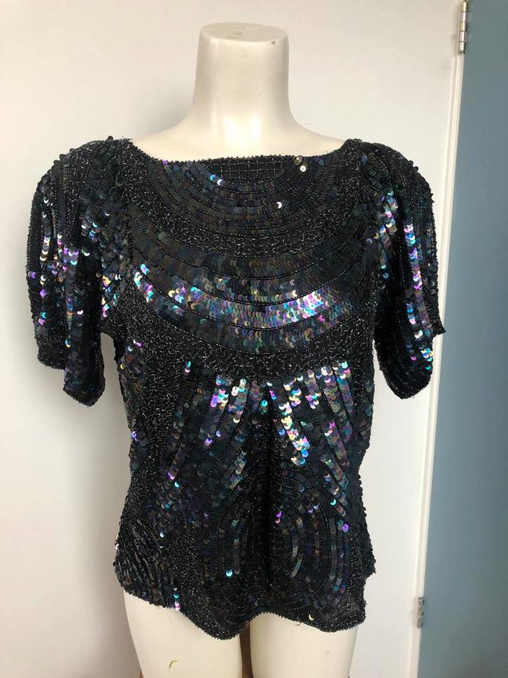 Tan chho jaren 80 pailletten zijde top feestelijk xl zwart, Kleding | Dames, Tops, Zo goed als nieuw, Maat 42/44 (L), Zwart, Korte mouw