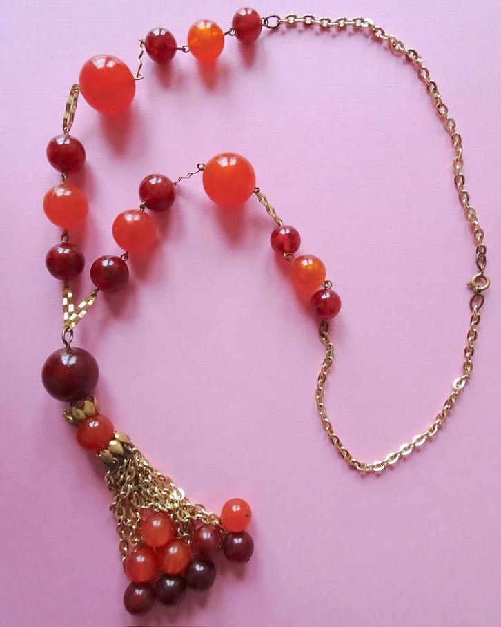 jwg Vintage Art Deco Charleston kralen ketting oranje amber, Sieraden, Tassen en Uiterlijk, Antieke sieraden, Ketting, Overige materialen