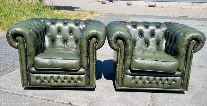2x Chesterfield club fauteuil groen + BEZORGING GRATIS, Huis en Inrichting, Fauteuils, Gebruikt, Leer, 100 tot 125 cm, 75 tot 100 cm