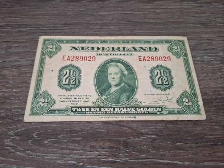Biljet 2,5 gulden 1943, Wilhelmina, Postzegels en Munten, Bankbiljetten | Nederland, 1 gulden, Ophalen of Verzenden