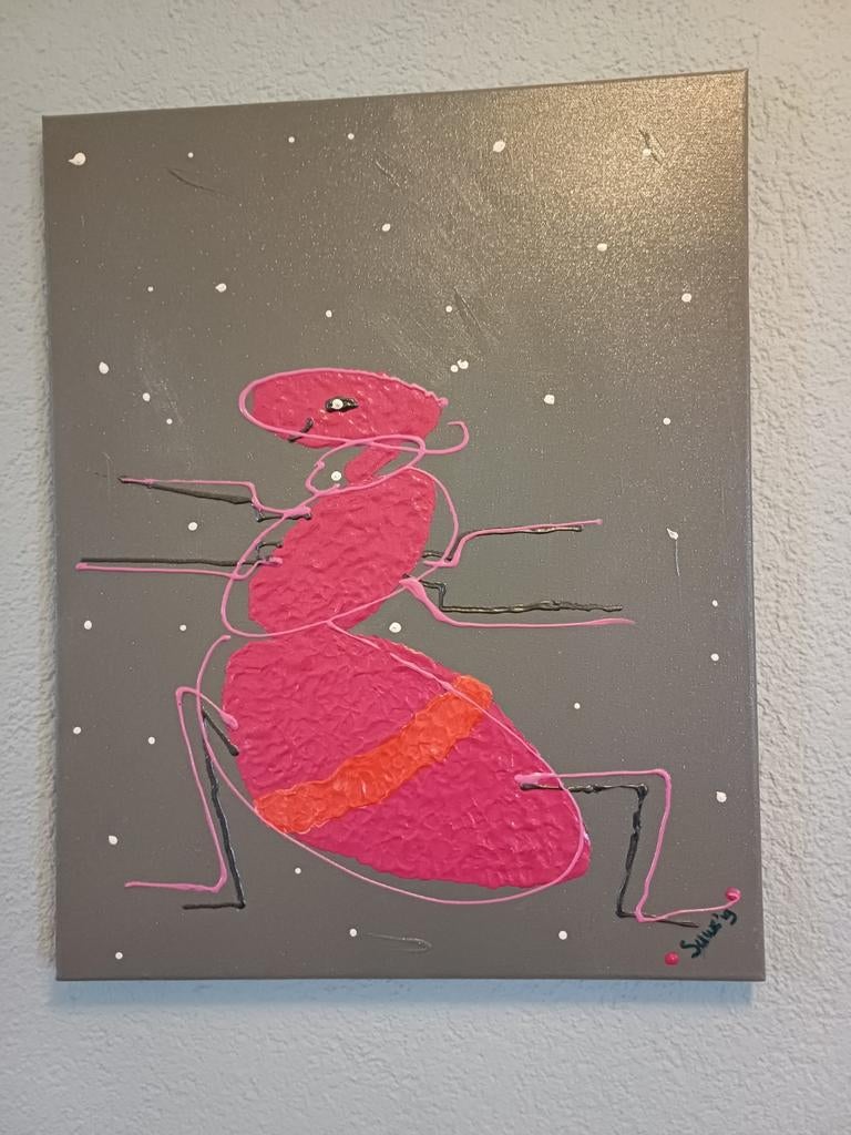 Schilderij Mier - 40x50 cm - kleur grijze, roze en glitters, Ophalen of Verzenden, Nieuw, Schilderij, Minder dan 50 cm