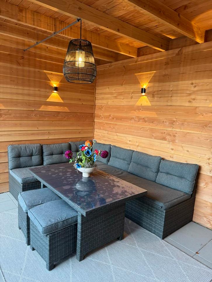 Tuinset - Hoekbank, Tafel & Hockers, Tuin en Terras, Tuinsets en Loungesets, Zo goed als nieuw, Tuinset, Wicker, 6 zitplaatsen