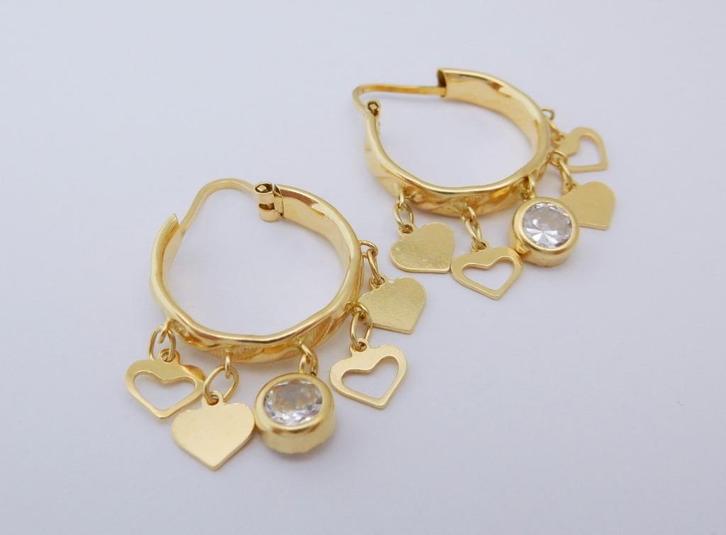 18 karaat Gouden Oorbellen Wokkels met Bedeltjes en Hartjes, Sieraden, Tassen en Uiterlijk, Oorbellen, Nieuw, Glas, Goud, Verzenden