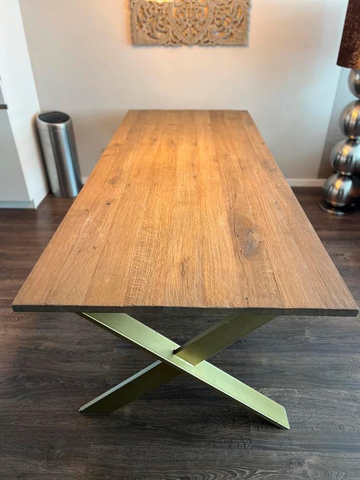 Eiken Eettafel 240cm met Gouden X Poten, Huis en Inrichting, Tafels | Eettafels, Zo goed als nieuw, 100 tot 150 cm, 200 cm of meer