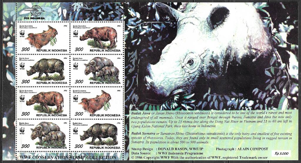 Indonesie 1996 WNF Sumattraanse Neushoorn souvenirvel postfr, Verzenden, Postfris, Zuidoost-Azië