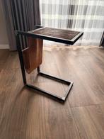Bijzettafel als nieuw! Mangohout, staal en leer!, Minder dan 55 cm, Rond, Zo goed als nieuw, Ophalen