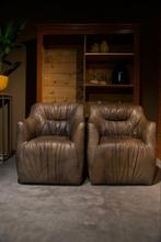 2 Originele Timothy Oulton Fauteuils, Gebruikt, Stoer industrieel, Leer, 75 tot 100 cm