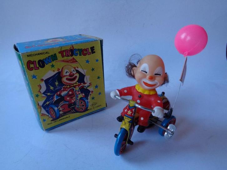 Oude blikken MTU Clown Tricycle met Doosje, jr''70s, wind-up, Verzamelen, Speelgoed, Zo goed als nieuw, Ophalen of Verzenden