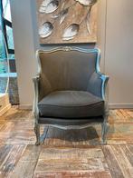Vintage grijze fauteuil met een houten frame, Ophalen of Verzenden, Gebruikt, Stof, 75 tot 100 cm