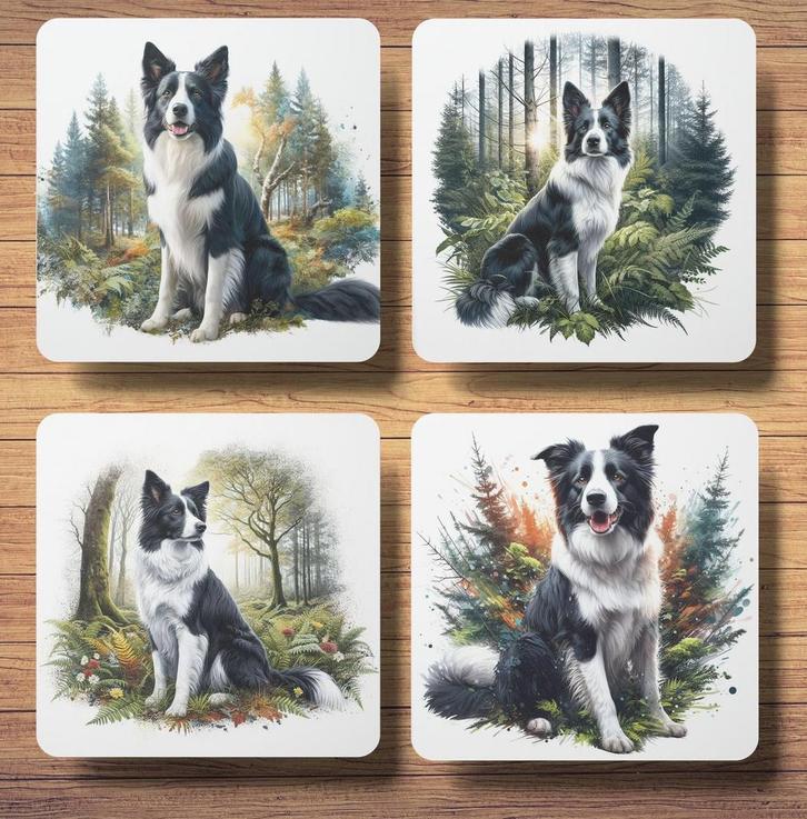 Border Collie Bos onderzetters met houder, Huis en Inrichting, Woonaccessoires | Onderzetters, Nieuw, Glas of Kopje, Ophalen of Verzenden