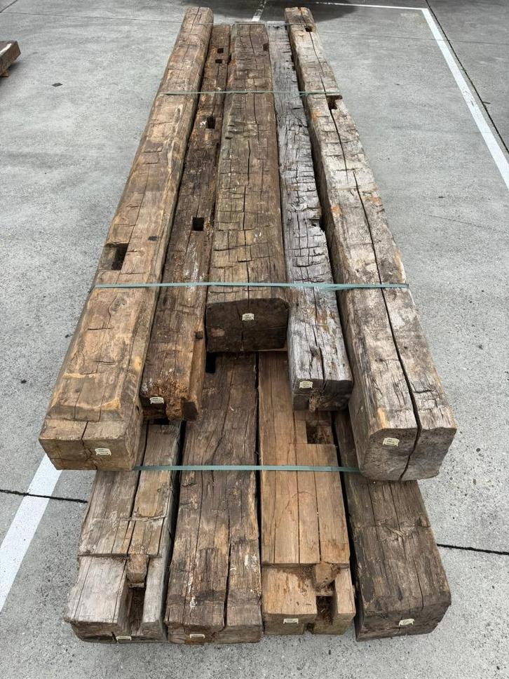 Oude eiken balken ca. 370 - 475 cm lang, Doe-het-zelf en Verbouw, Hout en Planken, Gebruikt, Balk, Eiken, 300 cm of meer, 50 mm of meer