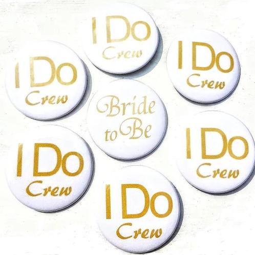 Button set 7-delig Bride to Be en I Do Crew, Hobby en Vrije tijd, Feestartikelen, Nieuw, Versiering, Geboorte of Huwelijk, Ophalen of Verzenden