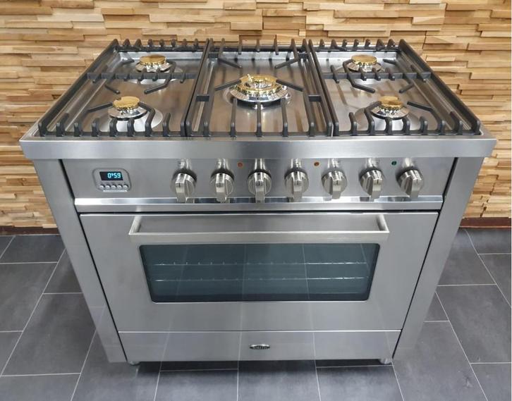 Luxe Boretti Fornuis 90cm rvs + rvs 5 pitten 1 grote oven, Witgoed en Apparatuur, Fornuizen, Zo goed als nieuw, Vrijstaand, Gas