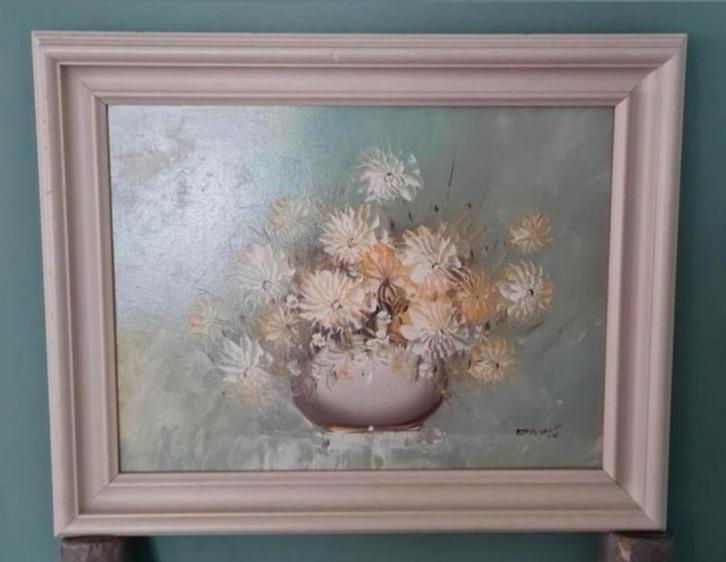 Landelijk olieverf schilderij met bloemendecor, Antiek en Kunst, Kunst | Schilderijen | Klassiek, Ophalen of Verzenden