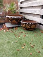 2  grote vintage plantenbakken keramiek gedecoreerd, Tuin en Terras, Ophalen, Rond, Steen