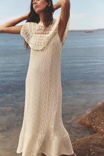 Dames Zara lange jurk pointelle tricot maxi crochet kant S beschikbaar voor biedingen