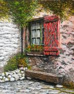 Schilderij: Rustiek Venster met Rode Luiken, Antiek en Kunst, Ophalen of Verzenden