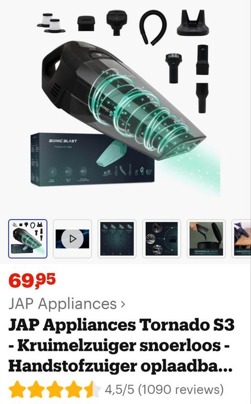JAP Appliances Tornado S3 Kruimelzuiger - Snoerloos, Witgoed en Apparatuur, Stofzuigers, Nieuw, Kruimeldief, Minder dan 1200 watt