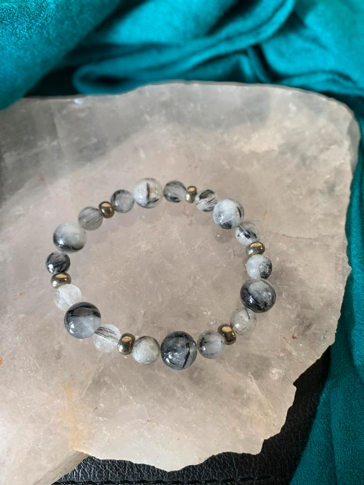 Toermalijnkwarts toermalijn bergkristal pyriet zuivert power, Sieraden, Tassen en Uiterlijk, Armbanden, Nieuw, Elastiek, Met bedels of kralen