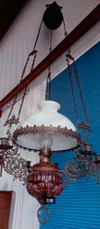 Antieke olielamp met 6 kaarsenhouders en melkglazen kap., Gebruikt, Antiek/retro, Ophalen of Verzenden, 75 cm of meer