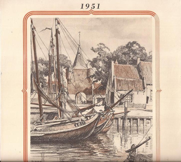 Elburg Gezicht op de Vischpoort uit de haven litho 1951 Rood, Antiek en Kunst, Kunst | Etsen en Gravures, Ophalen of Verzenden