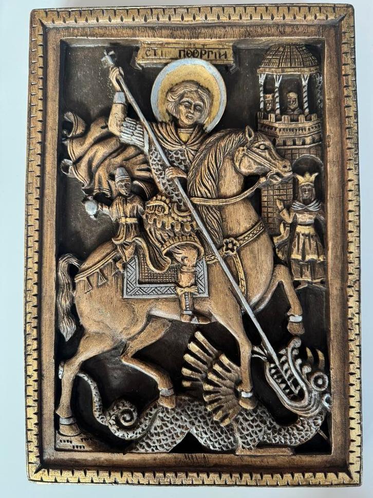 Handgesneden orthodox icoon-Sint Joris (St. George), Antiek en Kunst, Antiek | Religie, Ophalen