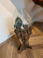 Mondgeblazen glazen vaas op hout stronk boomstam, Huis en Inrichting, Woonaccessoires | Zuilen en Pilaren, Ophalen, Zo goed als nieuw